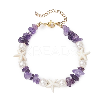 Starfish Synthetic Turquoise & Natural Amethyst Chip Beaded Bracelets for Women BJEW-JB11264-01-1