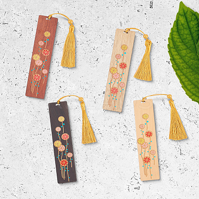 4Pcs 4 Colors Wooden Rectangle with Flower Bookmarks AJEW-GF0011-64-1
