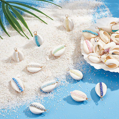 42Pcs 42 Styles Natural Cowrie Shell Pendants PALLOY-HY00038-1