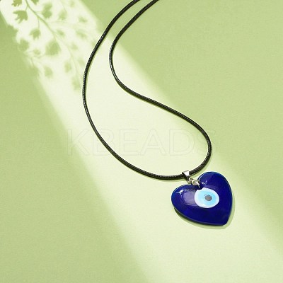 Blue Lampwork Evil Eye Pendant Necklace with Waxed Cord for Women NJEW-JN03955-03-1