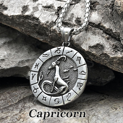 Flat Round with Engraved Twelve Constellation Alloy Pendant Necklace for Women Men WG25F4B-11-1