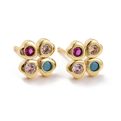 Clover Brass Micro Pave Colorful Cubic Zirconia Ear Studs KK-K258-29G-RS-1