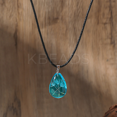 Dandelion Seed in Teardrop Resin Wish Pendant Black Cord Necklaces for Women WGE62B3-05-1