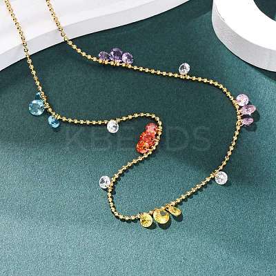 304 Stainless Steel Ball Chain Colorful Cubic Zirconia Flat Round Tassel Necklaces for Women LS-NJEW-A051-03G-01-1