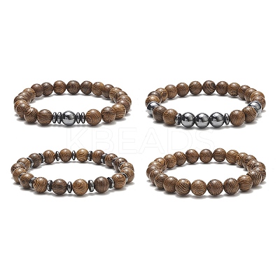4Pcs 4 Style Natural Wenge Wood & Synthetic Hematite Beaded Stretch Bracelets Set for Women BJEW-JB09156-1