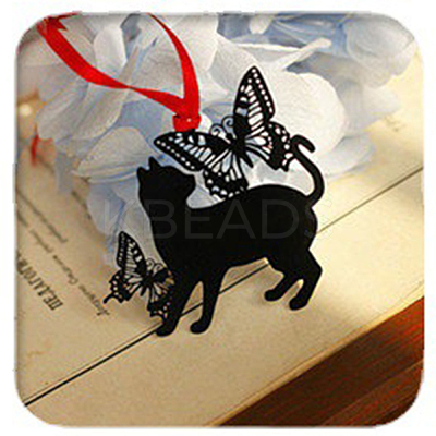 Metal Cat Bookmarks with Red Knotting Ribbon OFST-PW0006-52A-1