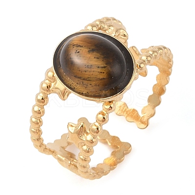 Oval Natural Tiger Eye Finger Rings RJEW-Z057-11G-01-1