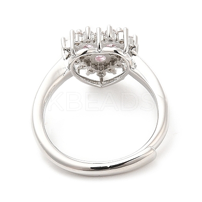 Rack Plating Brass Micro Pave Pink & Crystal Cubic Zirconia Heart Adjustable Rings RJEW-E064-17P-1