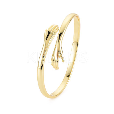 Brass Double Hands Hug Open Cuff Bangle for Women BJEW-S141-018-1