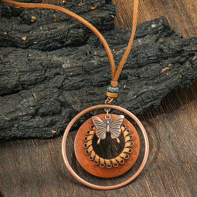 Bohemian Alloy & Wood Ring with Butterfly Pendant PU Leather Cord Necklaces for Women FS-WG8596C-08-1