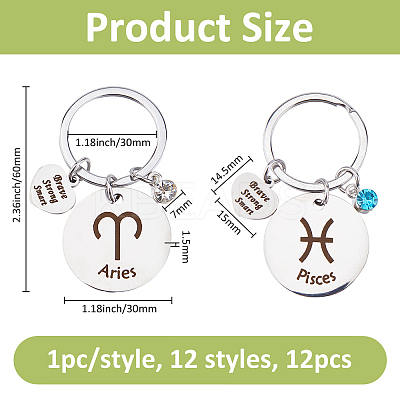 12Pcs 12 Styles Stainless Steel with Rhinestone Keychain KEYC-FH0001-68-1