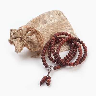 Four Loops Natural Sandalwood Beads Stretch Wrap Bracelets BJEW-JB03812-1