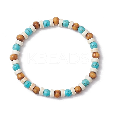 Synthetic Turquoise & Round Wood Beads Stretch Bracelets for Men Women BJEW-JM11833-01-1