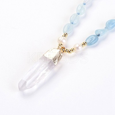 Natural Aquamarine and Natural Quartz Crystal Pendant Necklaces NJEW-I220-07-1