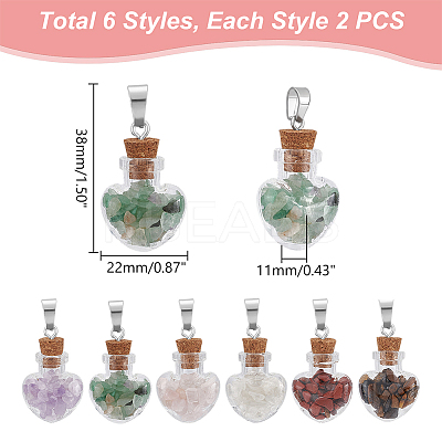 12Pcs 6 Styles Natural Mixed Gemstone Chip Heart Glass Bottle Pendants PALLOY-UN00001-1