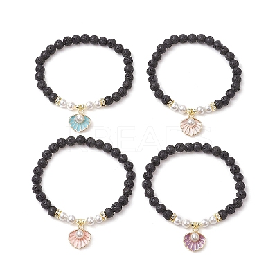 Natural Lava Rock Round Beads with Brass Rhinestone Spacer Beads and Shell Pearl Bead and Electroplate Non-magnetic Synthetic Hematite Beads and Alloy Pendants Bracelets BJEW-JB11511-1