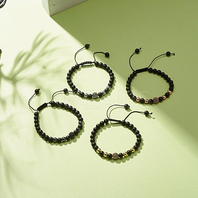 4Pcs 4 Color Natural Obsidian & Synthetic Hematite Braided Bead Bracelet with Cubic Zirconia BJEW-JB08117-1