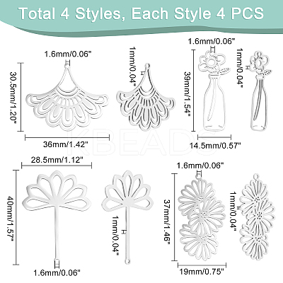 16Pcs 4 Style 201 Stainless Steel Pendants STAS-DC0006-35-1