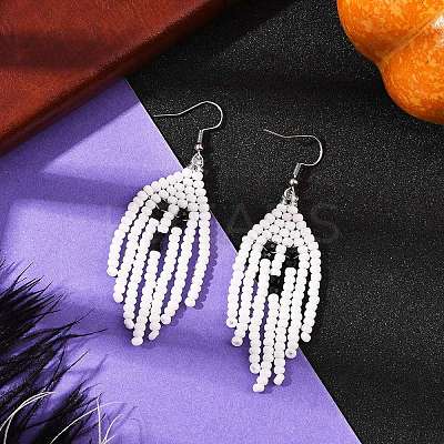 Halloween Theme Ghost Handmade Glass Seed Beaded Dangle Earrings EJEW-MZ00479-1