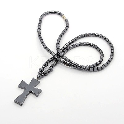 Trendy Unisex Holly Jewelry Grade A Non-Magnetic Synthetic Hematite Beaded Cross Pendant Necklaces NJEW-M013-04-1