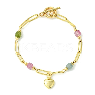Brass Heart Charm Natural Mixed Stone Faceted Cube Beaded Chain Bracelets BJEW-JB14257-1