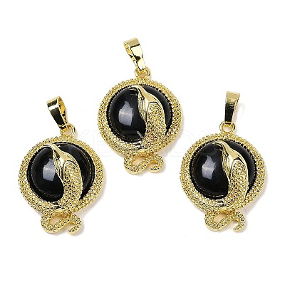 Natural & Synthetic Mixed Gemstone Flat Round Shaped Brass Pendants KK-F887-03G-1