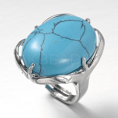 Adjustable Oval Brass Synthetic Turquoise Wide Band Rings RJEW-L062-03G-1