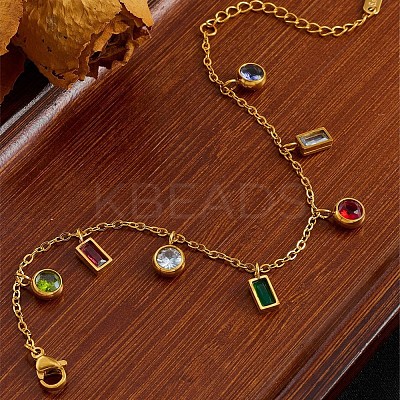304 Stainless Steel Pave Colorful Cubic Zirconia Rectangle Flat Round Charm Bracelets for Women WG5257D-01-1