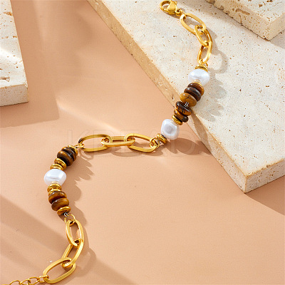 304 Stainless Steel Paperclip Chain Natural Tiger Eye Rondelle Beaded Bracelets for Women WGDB3B0-01-1