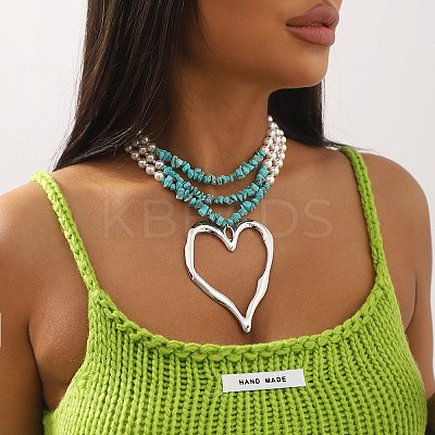 Boho Dyed Synthetic Turquoise Chip & Plastic Pearl Multi Layered Necklaces NJEW-U006-04B-P-1