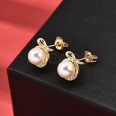 Bowknot with Round Brass Micro Pave Clear Cubic Zirconia Stud Earrings EJEW-A135-29G-1