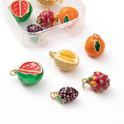 10Pcs 5 Style Fruit Theme Brass Enamel Pendants KK-LS0001-32-1