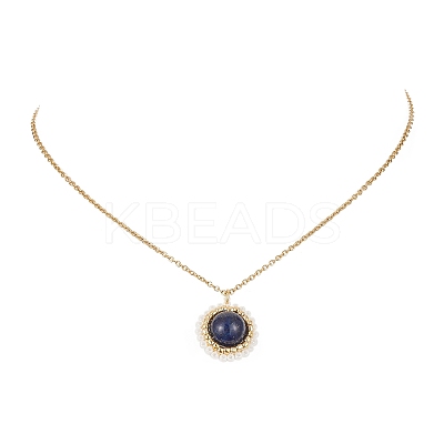 Natural Lapis Lazuli(Dyed) & Seed Flower Pendant Necklace NJEW-MZ00019-01-1
