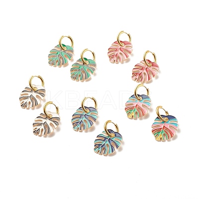 Monstera Leaf Enamel Charm Dangle Hoop Earrings EJEW-JE04853-1