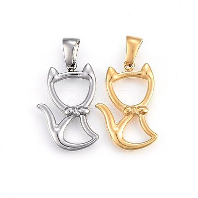 304 Stainless Steel Hollow Kitten Pendants STAS-P209-28-1