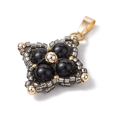 Natural Black Onyx(Dyed & Heated) & Glass Seed Beaded Woven Pendants PALLOY-MZ00365-05-1