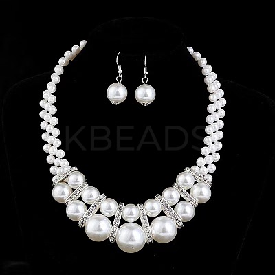 Alloy & Crystal Rhinestone & Plastic Pearl Round Beaded Necklace & Dangle Earring FS-WG9A175-01-1