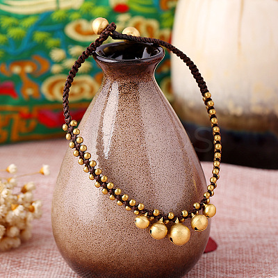 Ethnic Style Brass Bell Charm Braided Waxed Cord Adjustable Anklets for Women FS-WG2B00D-01-1