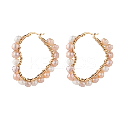 Natural Pearl Wire Wrapped Heart Big Hoop Earrings for Women EJEW-JE04796-01-1