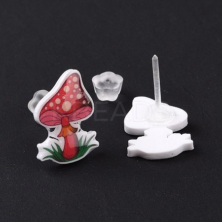 Acrylic Cartoon Mushroom Stud Earrings with Platic Pins for Women EJEW-F293-03E-1