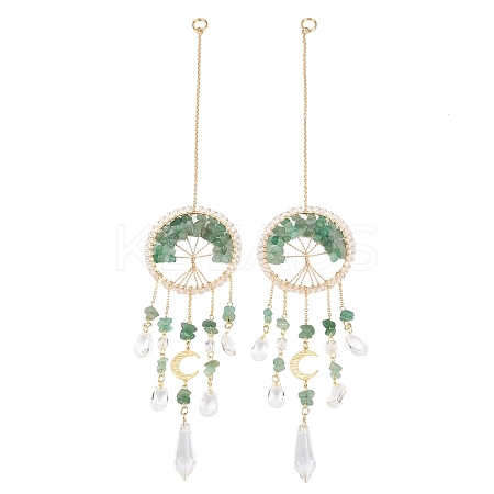 Wire Wrapped Natural Green Aventurine Chip Tree of Life Window Hanging Prism Ornaments HJEW-TA00283-03-1
