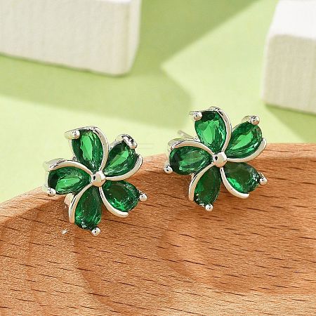 Flower Brass Micro Pave Cubic Zirconia Stud Earrings for Women EJEW-G428-28A-01-1