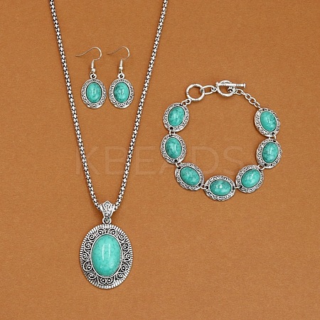 Oval Alloy with Synthetic Turquoise Pendant Necklaces & Dangle Earrings & Link Bracelets Sets WGD1135-09-1