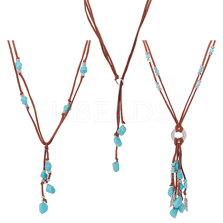 3Pcs 3 Style Ethnic Style Natural Turquoise Chips & Alloy Lariat Necklaces for Women NJEW-AN0001-58-1