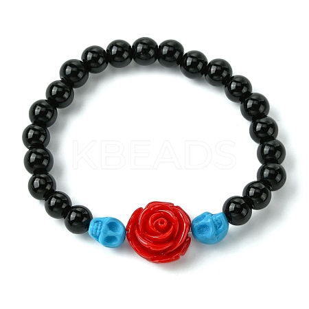 Halloween Theme 8.5mm Synthetic Black Stone Beaded Stretch Bracelets BJEW-JB10882-02-1