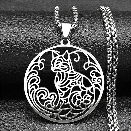 Ring with Cat Shape Pattern 201 Stainless Steel Pendant Necklaces for Men Women NJEW-K283-13P-1