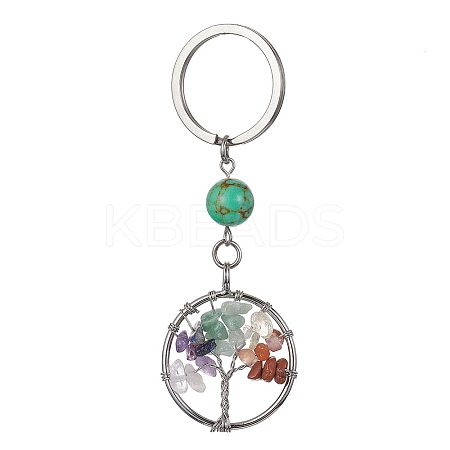 Natural Mixed Stone & Synthetic Turquoise Chips Flat Round with Tree of Life Kcychain KEYC-JKC00563-05-1