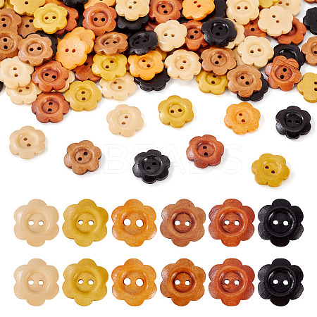 120Pcs 6 Colors 2-Hole Wood Flower Buttons BUTT-TA0001-40C-1