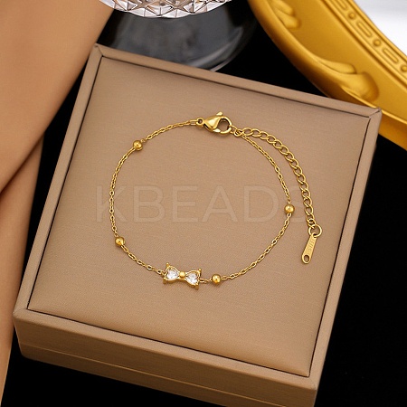304 Stainless Steel Pave Clear Cubic Zirconia Bowknot Link Bracelets for Women BJEW-G759-10G-1