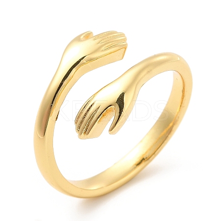 Rack Plating Brass Hand Hug Open Cuff Ring for Women RJEW-E064-04G-1